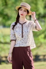 2026年春季文艺风女短袖宽松亲肤透气苎麻文艺/优雅，女装衬衫，江南依恋