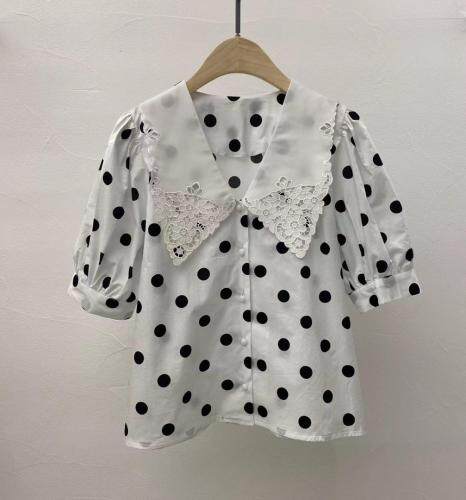 波点蕾丝拼接小衫，女装，露彩