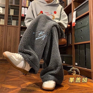 0414港风刺绣字母羊羔绒保暖棉裤宽松直筒加厚卫裤美式阔腿休闲裤图片