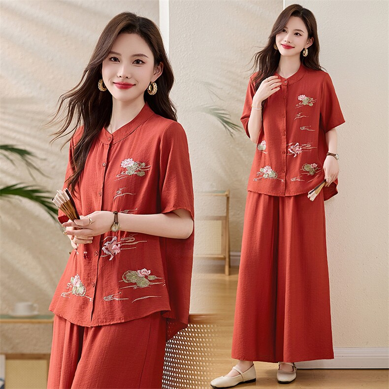 新中式套装女2025新款夏季民族风优雅宽松显瘦大码阔腿裤两件套潮，女装套装/套裙，魅影