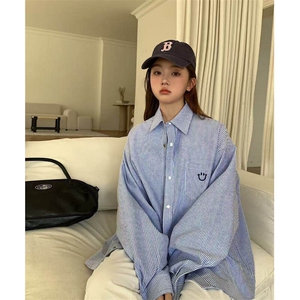 竖条纹衬衫男女长袖韩版刺绣笑脸宽松2025夏季ins外套CY1112-P38图片