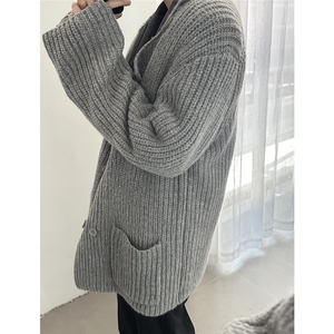 Cleanfit韩系重磅松弛感西装领开衫毛衣慵懒风双排扣设计图片