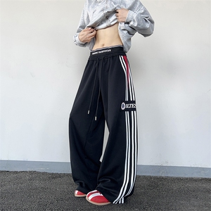 美式高街印花条纹卫裤男秋季潮牌拼接设计感宽松休闲运动阔腿裤子图片