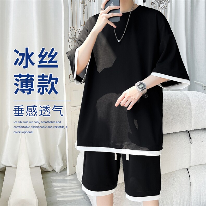 特批P55无差价夏季假两件拼接冰丝弹力宽松大码短袖短裤男士TZ303图片