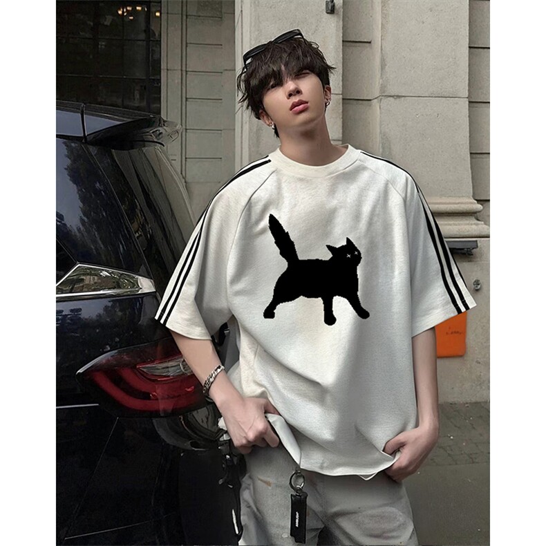 抖音得物高品质二开240克宽松纯棉美式潮牌三条杠织带短袖T恤，男装T恤，电商A486