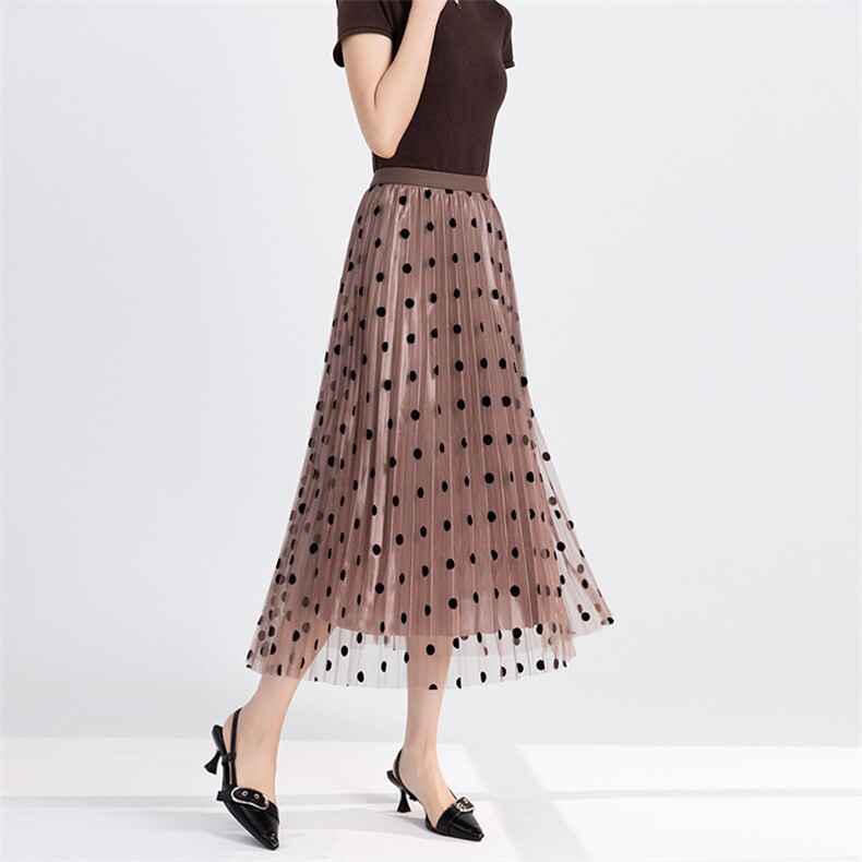 2025年春季百搭休闲/淑女A字裙波点网纱百褶裙女，女装半身裙，雅之冉羊绒