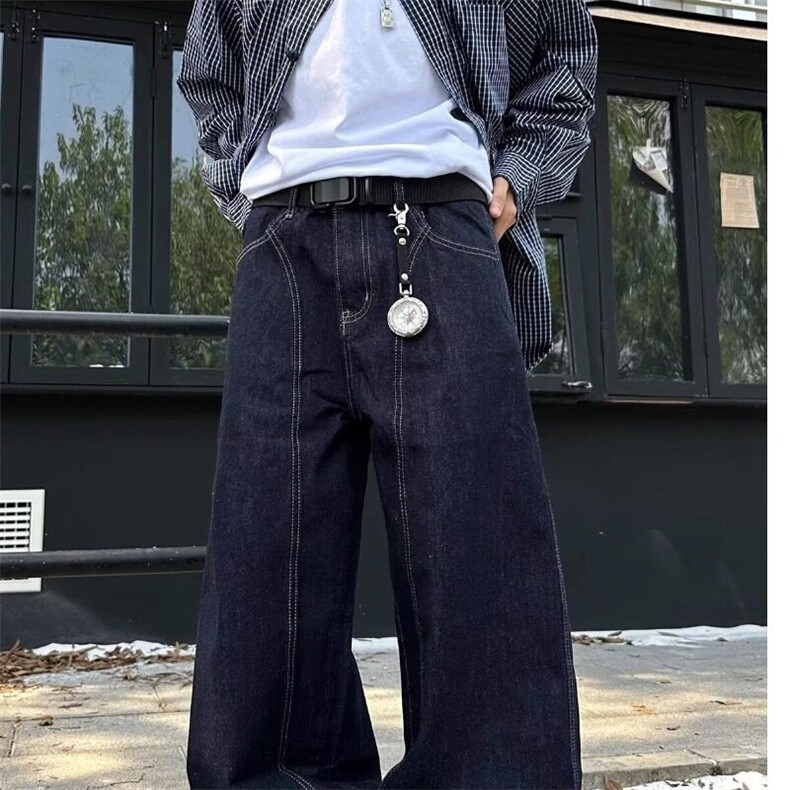 美式复古丹宁蓝阔腿弯刀牛仔裤男解构宽松直筒宽松休闲长裤子潮牌，男装牛仔裤，星座506A