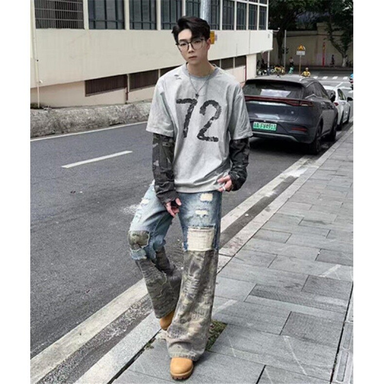 春秋季小众拼接迷彩破坏牛仔裤男复古小众拼接工装裤子NK1067,男装牛仔裤,星座1116A（原606A-3）