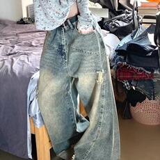 美式复古阔腿牛仔裤男女2025新款高腰破洞设计感宽松垂感拖地裤，男装牛仔裤，星座1210-1