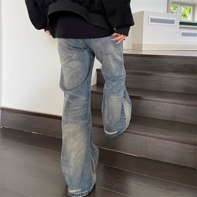 美式高街复古双腰头牛仔裤男女宽松直筒做旧水洗割破设计感阔腿裤,女装牛仔裤,星座506A