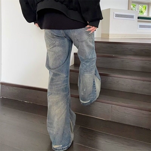 美式高街复古双腰头牛仔裤男女宽松直筒做旧水洗割破设计感阔腿裤图片