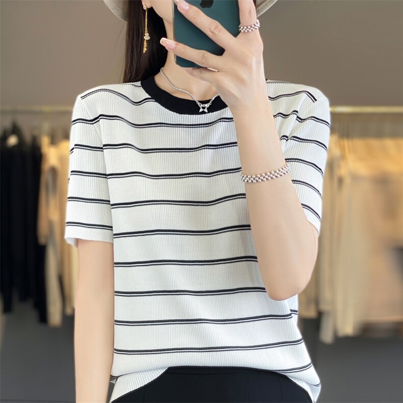 桑蚕丝圆领条纹短袖Tt恤女士2025新款薄款撞色冰丝针织上衣,针织衫/毛衣,大美人包芯纱店