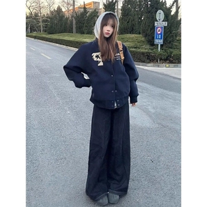 美式复古棒球服外套女早春字母刺绣重磅情侣夹克宽松休闲上衣开衫图片