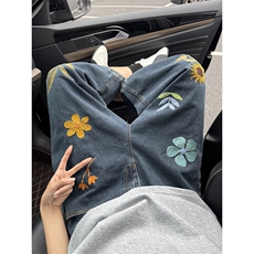 太阳花刺绣牛仔短裤男生夏季潮牌高级感小清新直筒中裤阔腿七分裤，男装牛仔裤，电商B221