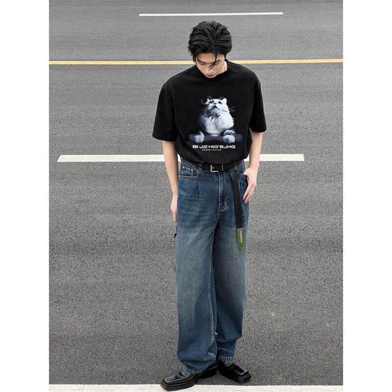 黑色猫咪印花落肩短袖男美式潮牌重磅纯棉t恤cleanfit情侣装半袖,男装T恤,星座809A(原222-1)