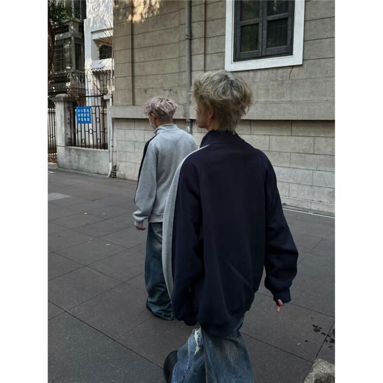 美式复古卫衣撞色拼接个性休闲套头衫长袖外套宽松秋冬款日系上衣,女装短外套,四季星座505