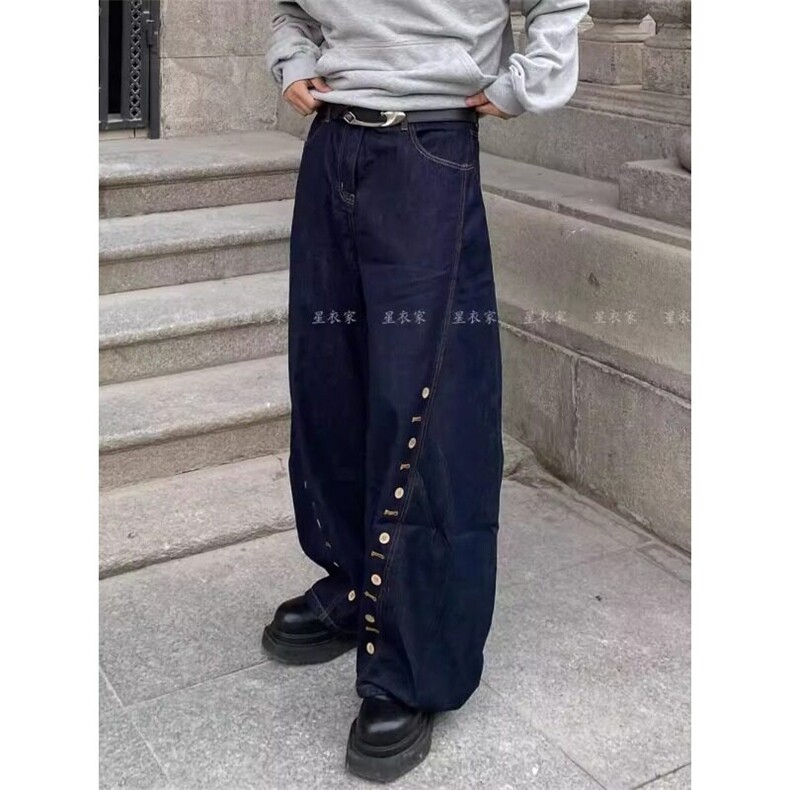 美式复古设计感多排扣眼弯刀牛仔裤慵懒松弛感休闲阔腿拖地裤子,男装牛仔裤,星座506A