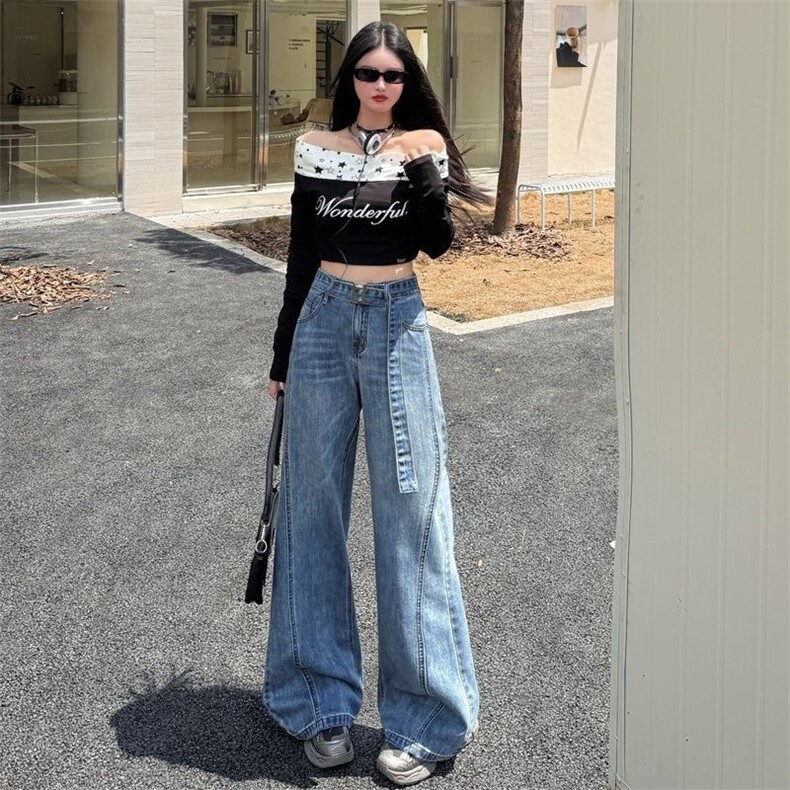 秋冬新款美式复古拼接微喇叭牛仔裤女显瘦设计感腰带马蹄阔腿裤子,男装牛仔裤,星座1210-1