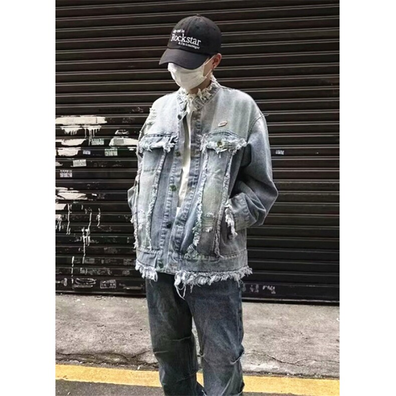 水洗做旧流苏毛边牛仔夹克男女复古潮牌休闲情侣外套上衣 J8896图片