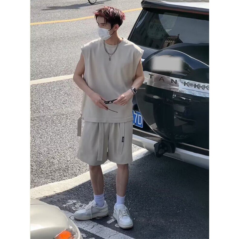 设计运动套装男款夏季无袖坎肩背心短裤少年感穿搭一整套图片