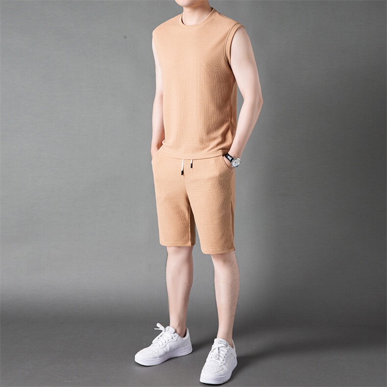 男士2023年夏季新款运动套装无袖短裤T恤卫裤二件套,男装休闲套装,电商B360