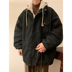 EQ158 冬季新款港风日系毛呢大衣假两件加厚连帽棉服棉衣外套P145图片