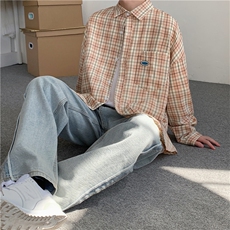 秋季新款外穿长袖衬衣文艺港风情侣格子衬衫男女C14/，男装衬衫，电商D202-1