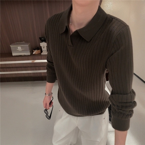 JY546-P54 复古翻领条纹长袖POLO衫坑条针织衫男高级感套头毛衣图片
