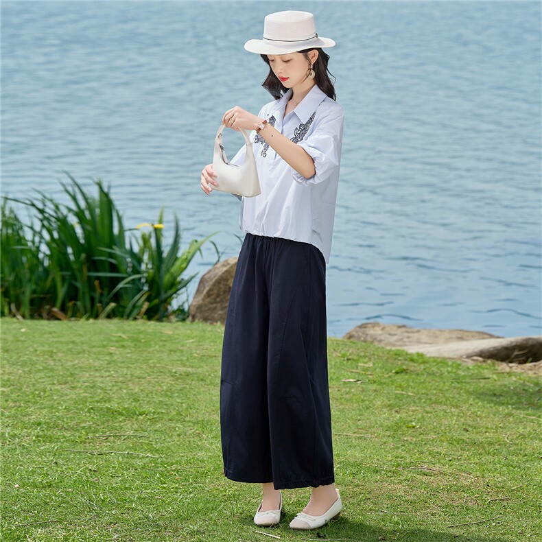 2026年夏季刺绣小衫两件套衬衫裤子套装女,女装套装/套裙,依路服饰