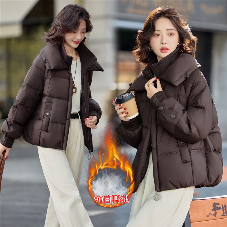 现货90%白鸭绒2025年冬季双层领短款羽绒服外套，女装羽绒服，米雪儿
