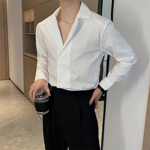 新款高级感简约条纹衬衫男韩版轻熟双排扣衬衣长袖 CS772-P65控85图片