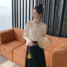 新款春装新中式盘扣改良长袖气质提花面衬衫衣，女装衬衫，秀美人生