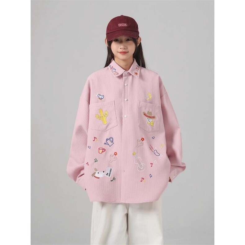 卡通刺绣华夫格长袖衬衫小众设计感宽松休闲，男装衬衫，星座716-2