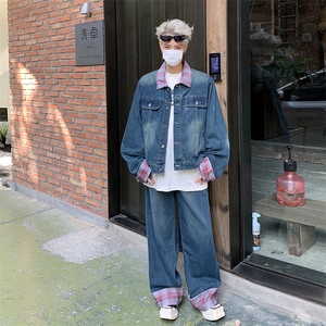 美式新款格子拼接牛仔夹克套装男款时尚潮流设计感两件套图片