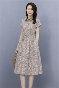 2022夏季新款简约时尚优雅气质撞色翻领修身显瘦碎花连衣裙图片