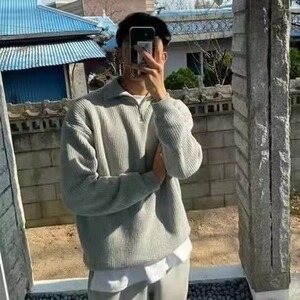美式半拉链中高领针织衫男高级感宽松毛衣纯色百搭保暖套头衫图片