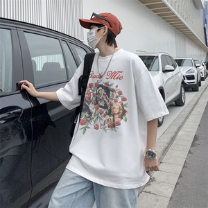 夏季复古做旧玫瑰花短袖潮牌情侣宽松情侣五分袖男 T1074-P32图片