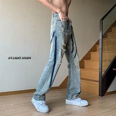 B221美式ins高街小众情侣款破洞微喇牛仔裤LK23001-P65控88，男装牛仔裤，电商B221