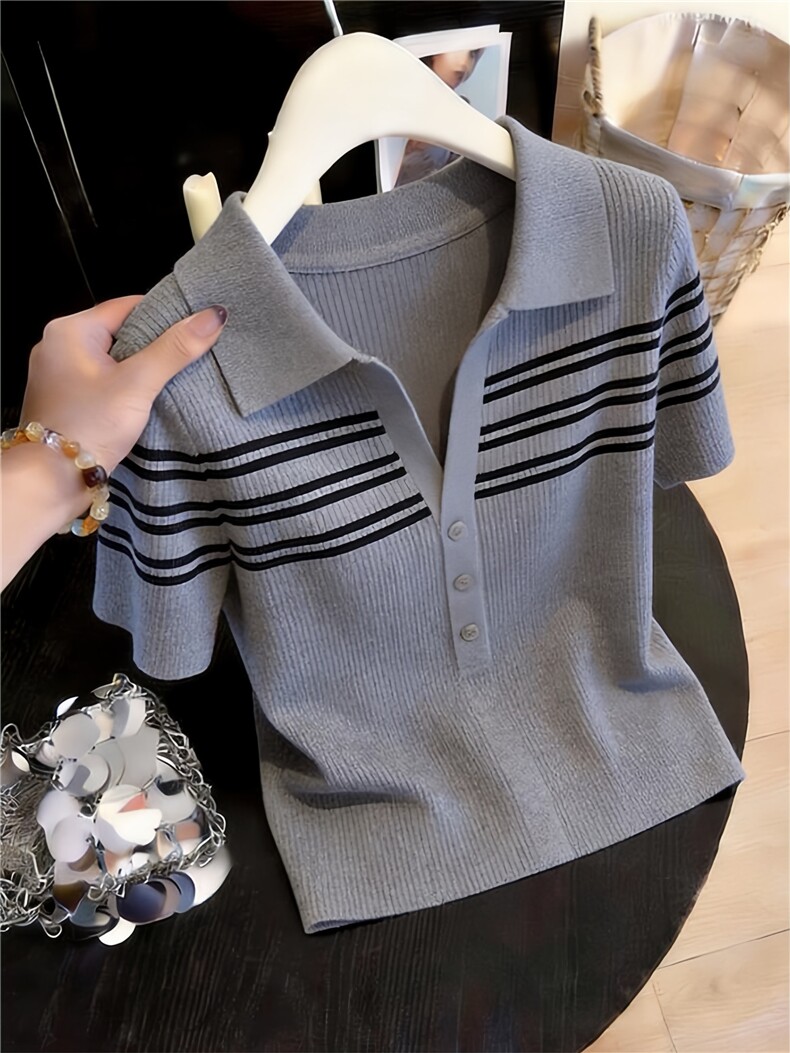 条纹撞色polo针织短袖t恤女夏季设计感弹力短款上衣,商品下架区,乐蒂丝