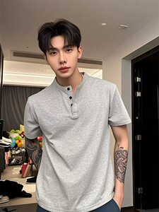 斌子同款亨利领短袖男华夫格正肩T恤重磅美式polo衫灰色运动半袖图片