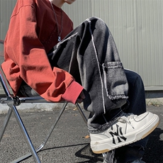 美式潮牌毛边工装牛仔裤男秋冬小众设计感宽松直筒长裤K7574-P48，男装牛仔裤，星座512-3