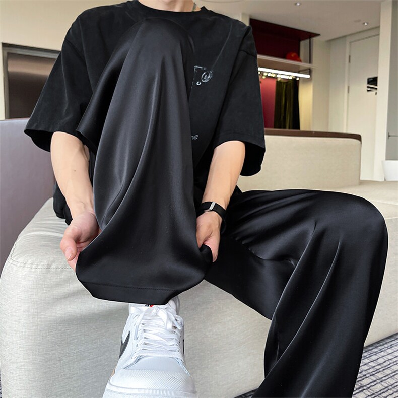 8XL-M 特大码冰丝裤醋酸阔腿裤男缎面高腰垂感防晒凉凉裤K979P45图片