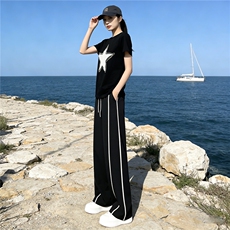 韩版时尚网红气质套装女夏新款洋气减龄五角星T上衣阔腿裤两件套，女装套装/套裙，江南