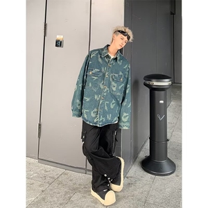 秋冬日常外穿标准翻领长袖复古水洗提花牛仔衬衫潮青年格子图片