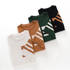 2025夏季新款纯棉圆领短袖男条纹简约商务轻熟针织打底衫T恤上衣，男装T恤，牧绒家园高端店