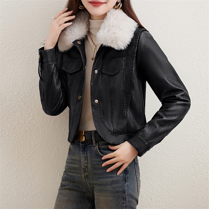 加绒加厚PU皮衣外套女短款2023冬新款小个子美拉德棉服新款夹克,女装皮衣,江南女神