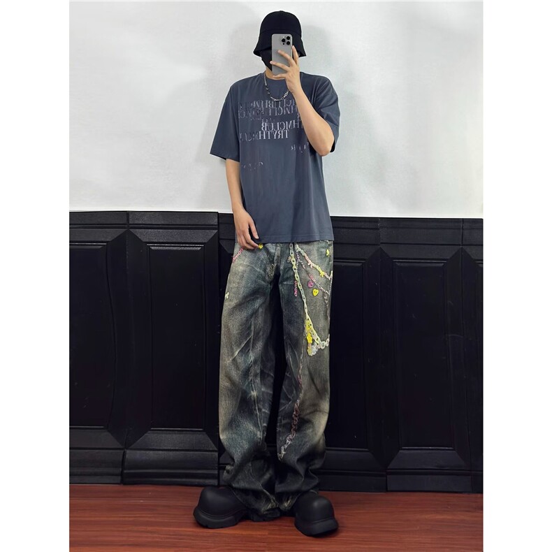 新款3D多巴胺糖果链条印花直筒牛仔裤长裤,男装牛仔裤,星座1018A