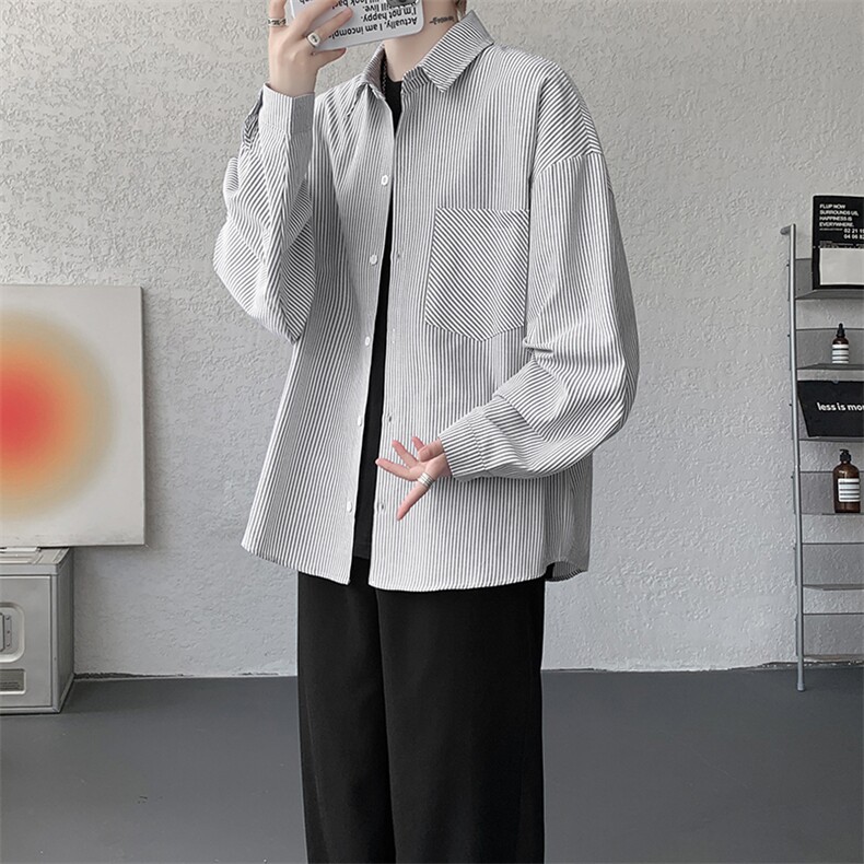 衬衫男秋季新款港风宽松大码条纹长袖衬衣CS801-特P29，男装衬衫，星座214-3