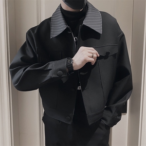 JK203加绒/P125控165秋冬季痞帅条纹领廓形小众款夹克百搭翻领男1,95斤155穿卫衣搭什么裤子图片