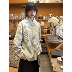 秋季长袖复古条纹衬衫男女上衣高级感宽松情侣衬衣外套L32088-P48图片